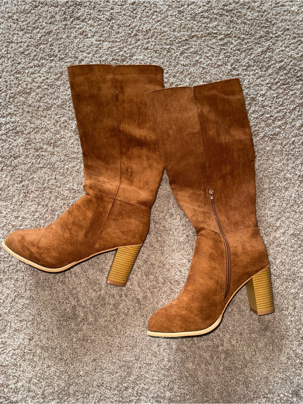 Women's Mid-Calf Suede Block Heel Boots - Brown